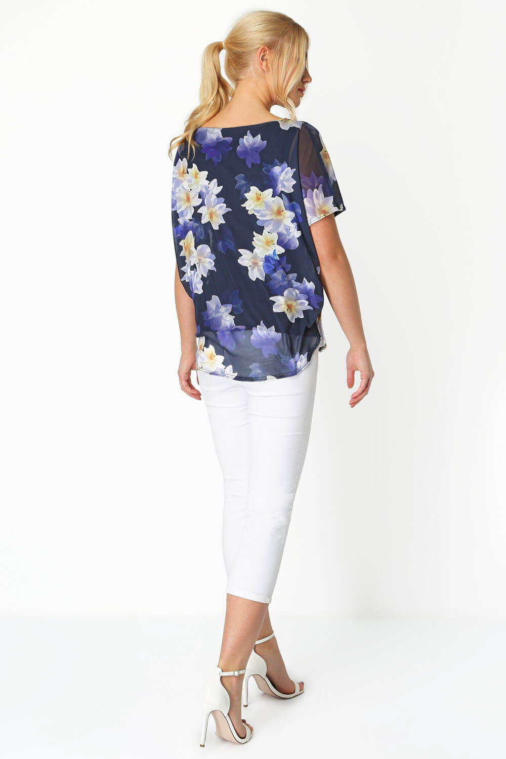 Blue Floral Chiffon Overlay Top, Image 3 of 8