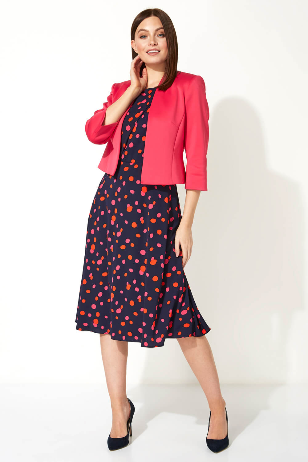 Navy  Polka Dot Fit and Flare Dress, Image 4 of 5