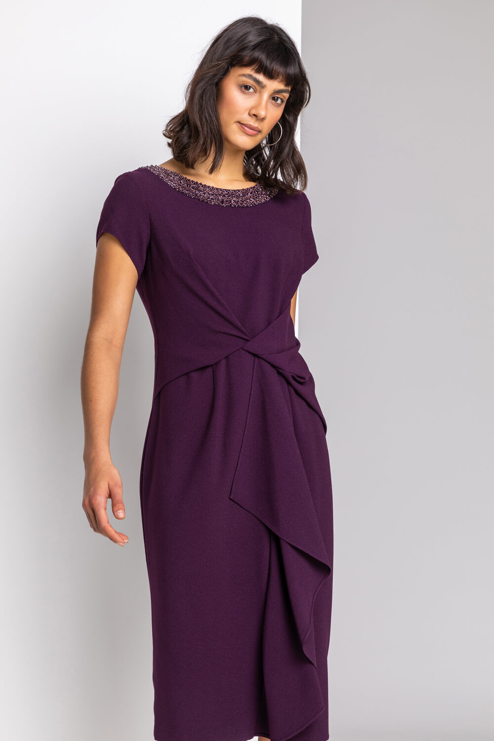 Embellished Twist Waist Midi Dress in Plum - Roman Originals UK