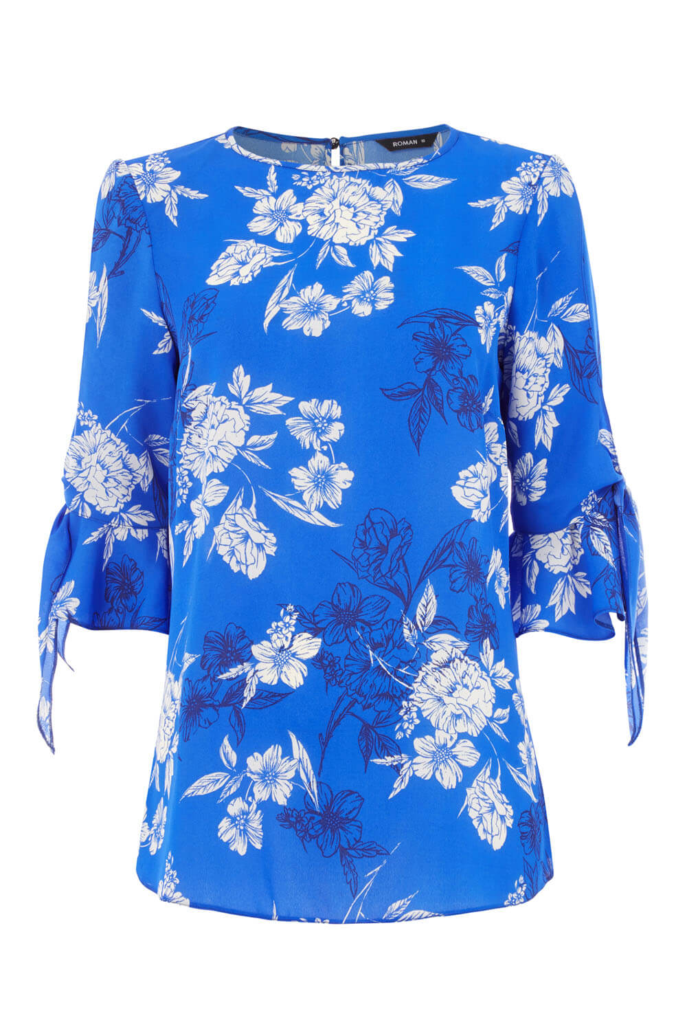 Royal Blue Floral Print Chiffon Tie Detail Top, Image 4 of 7