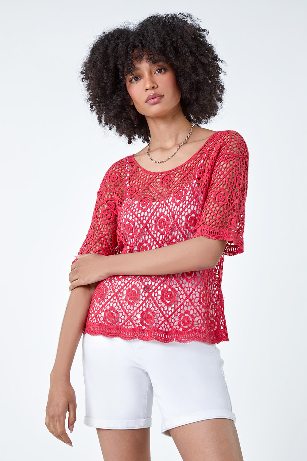 Red Cotton Crochet T-Shirt, Image 2 of 5