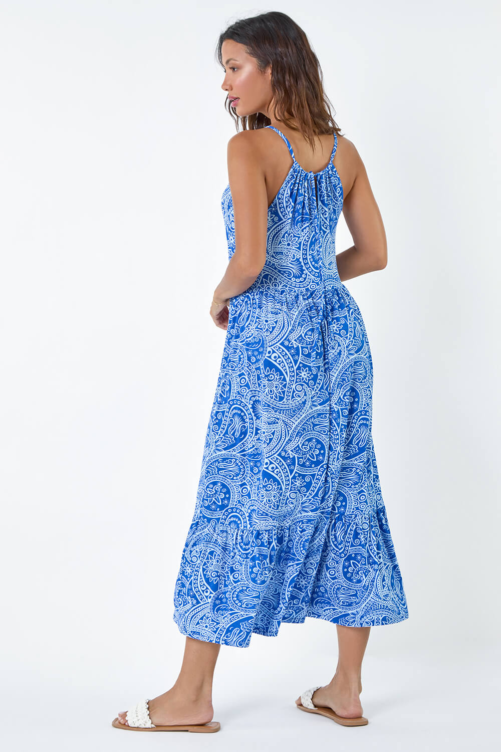 Blue Paisley Gathered Neckline Midi Stretch Dress, Image 3 of 5