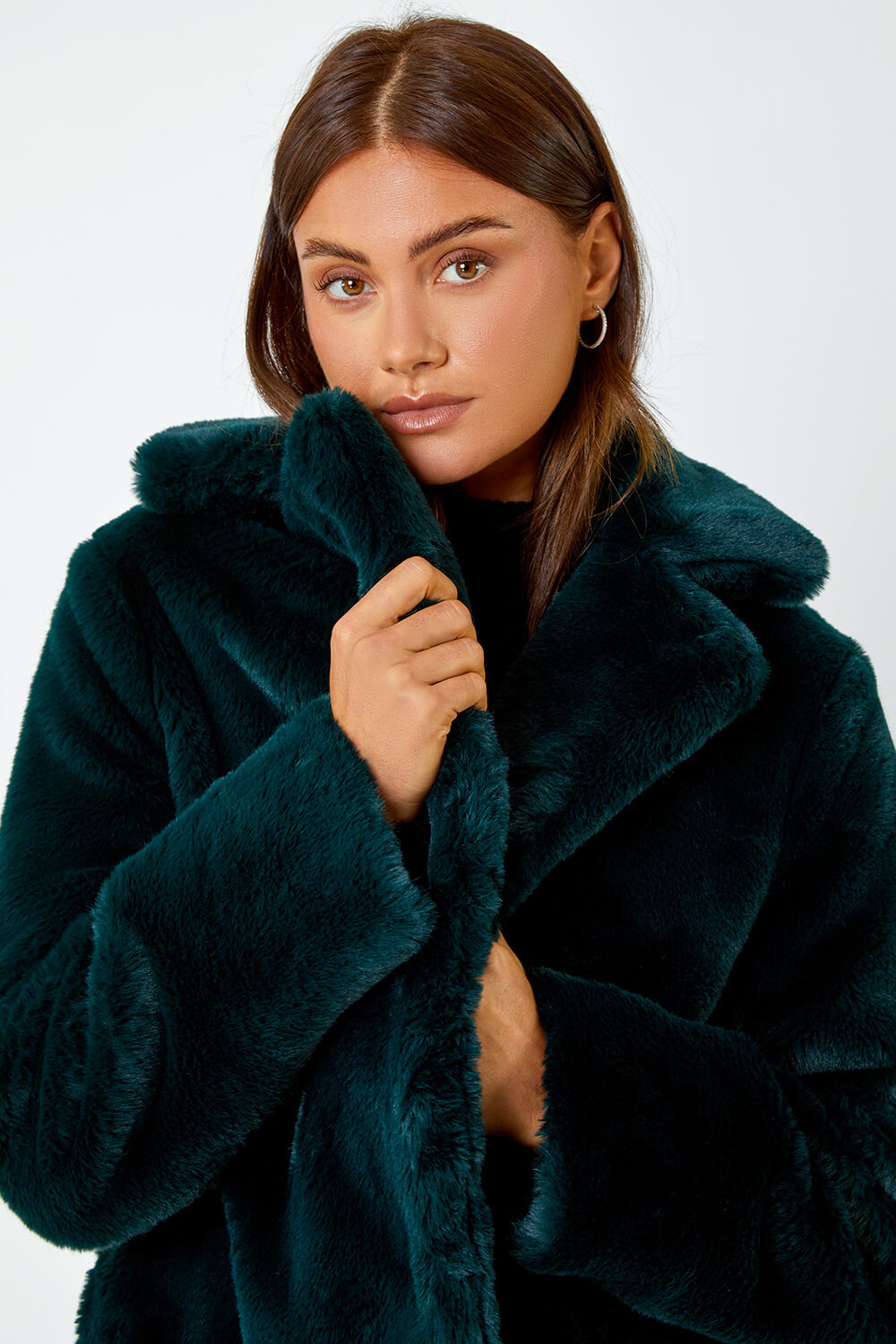 Emerald Faux Fur Longline Coat, Image 4 of 5
