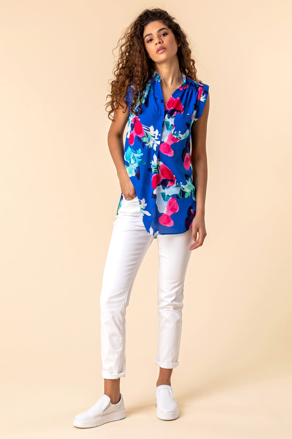 Royal Blue Floral Print Tunic Top, Image 3 of 5