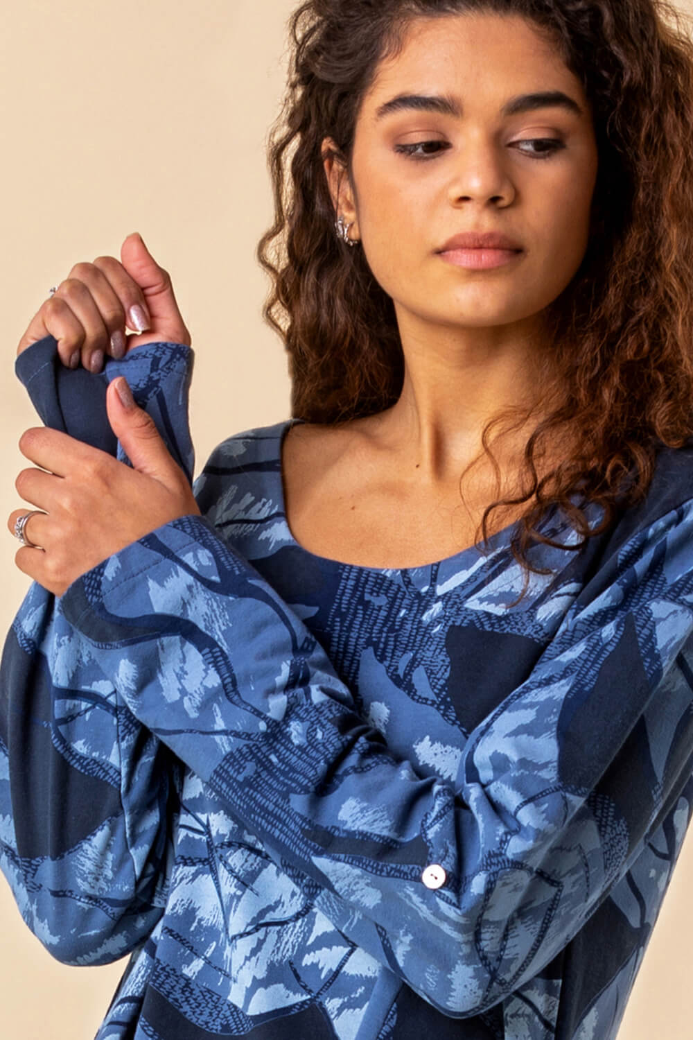 Denim Blue Abstract Print Tunic Top with Pockets, Image 4 of 4