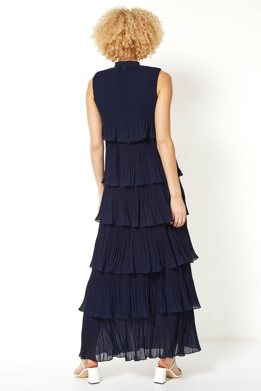 Navy  Pleated Layer Frill Maxi Dress, Image 3 of 4
