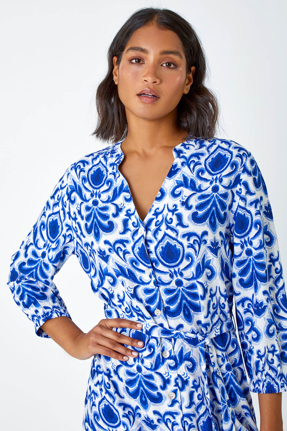 Royal Blue Abstract Border Print Shirt Dress, Image 4 of 5