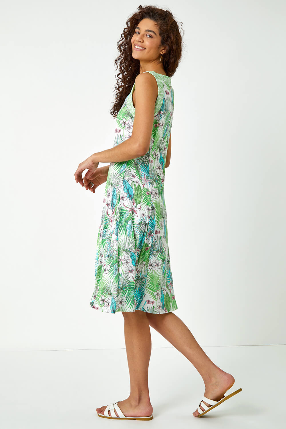 Green Tropical Fit and Flare Dress, Image 3 of 5