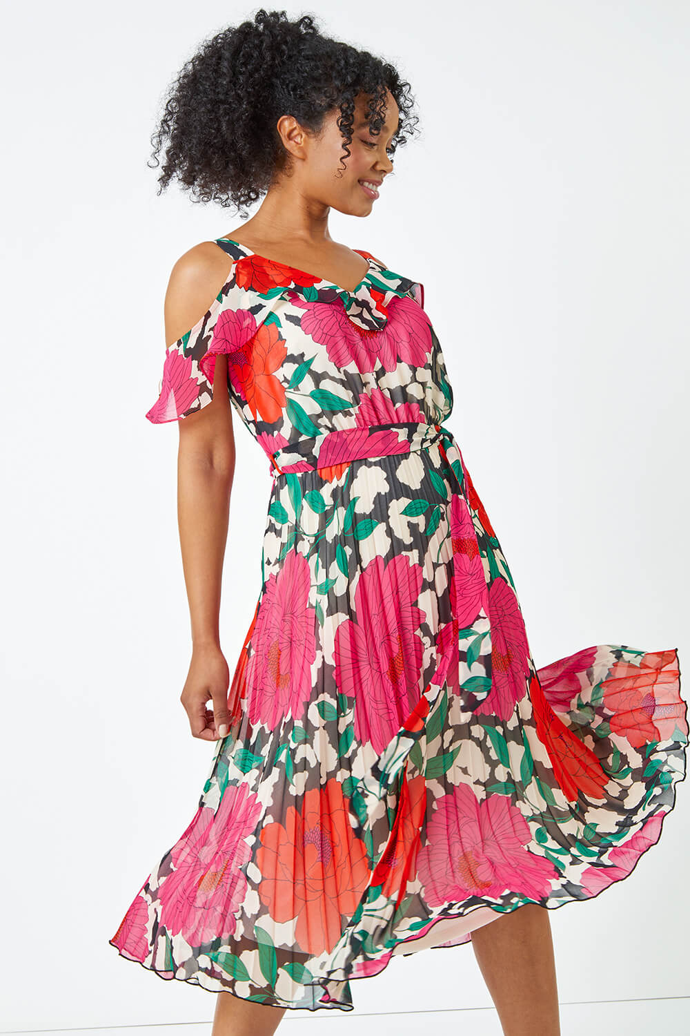 PINK Petite Cold Shoulder Floral Midi Dress, Image 4 of 5