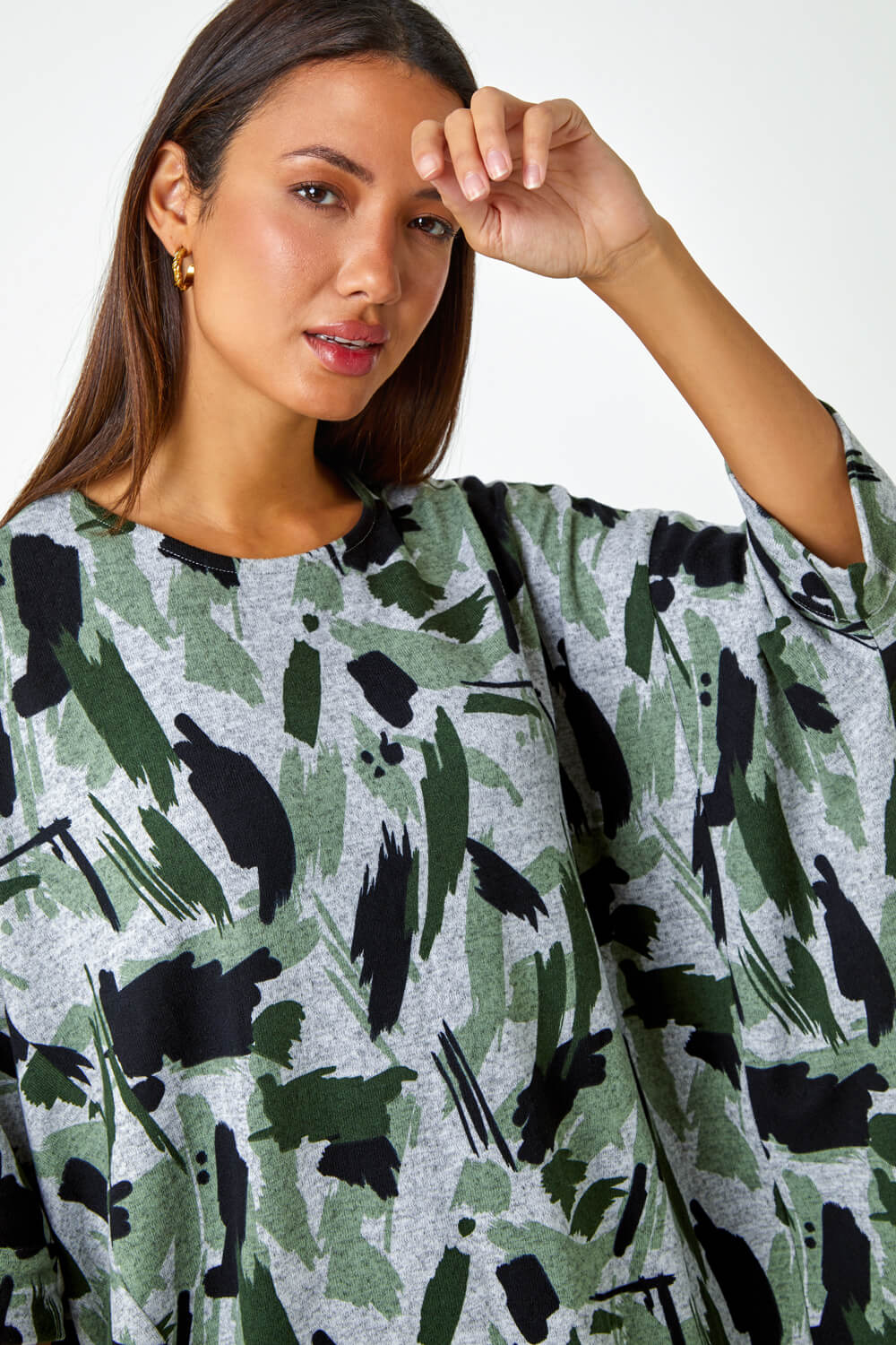 KHAKI Relaxed Abstract Print Stretch Top , Image 4 of 5