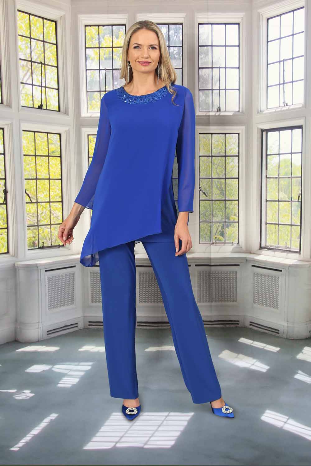 Royal Blue Julianna Chiffon Sequin Top & Trouser Set, Image 2 of 4