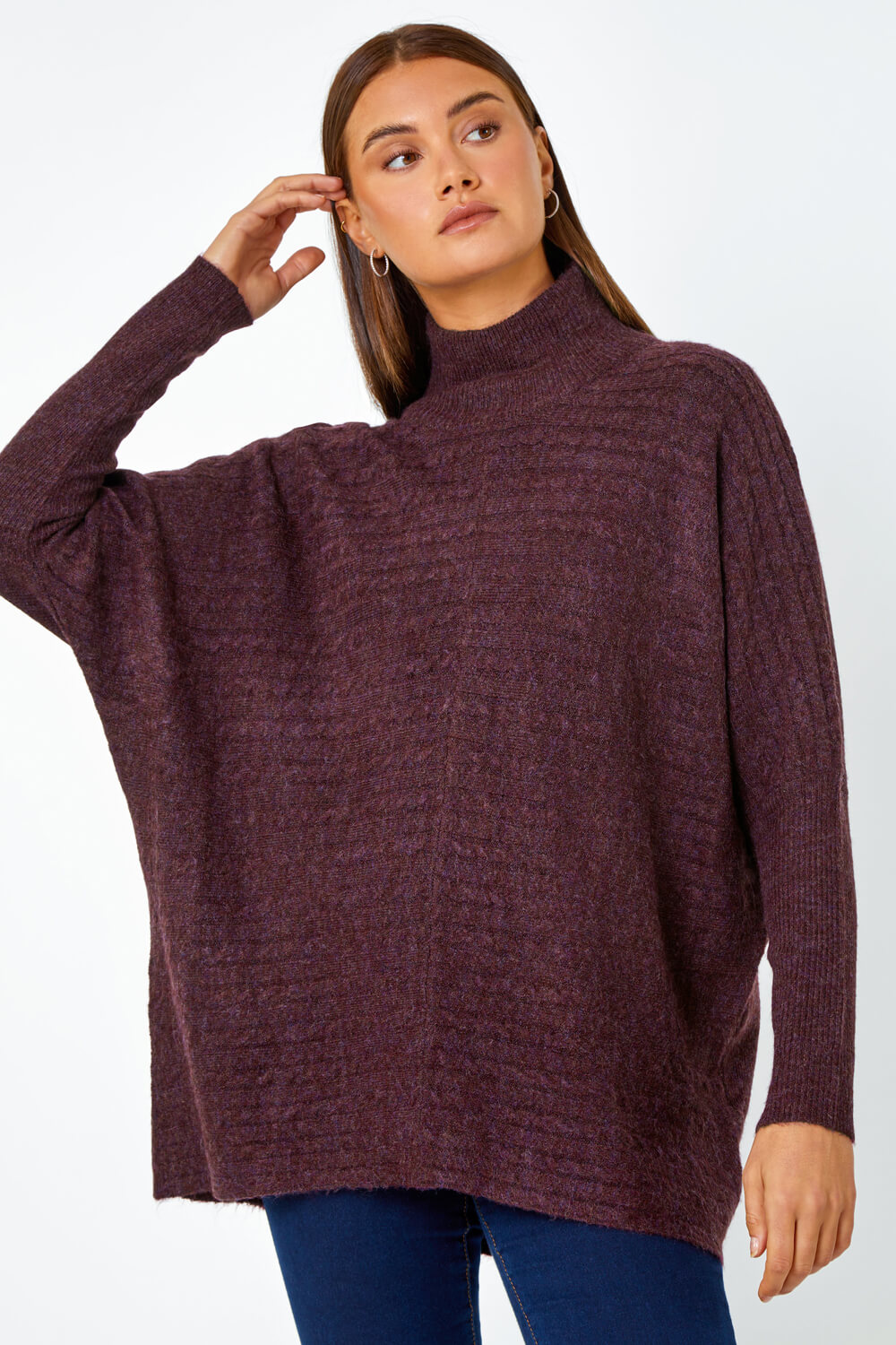 Cable Knit Roll Neck Stretch Longline Jumper 