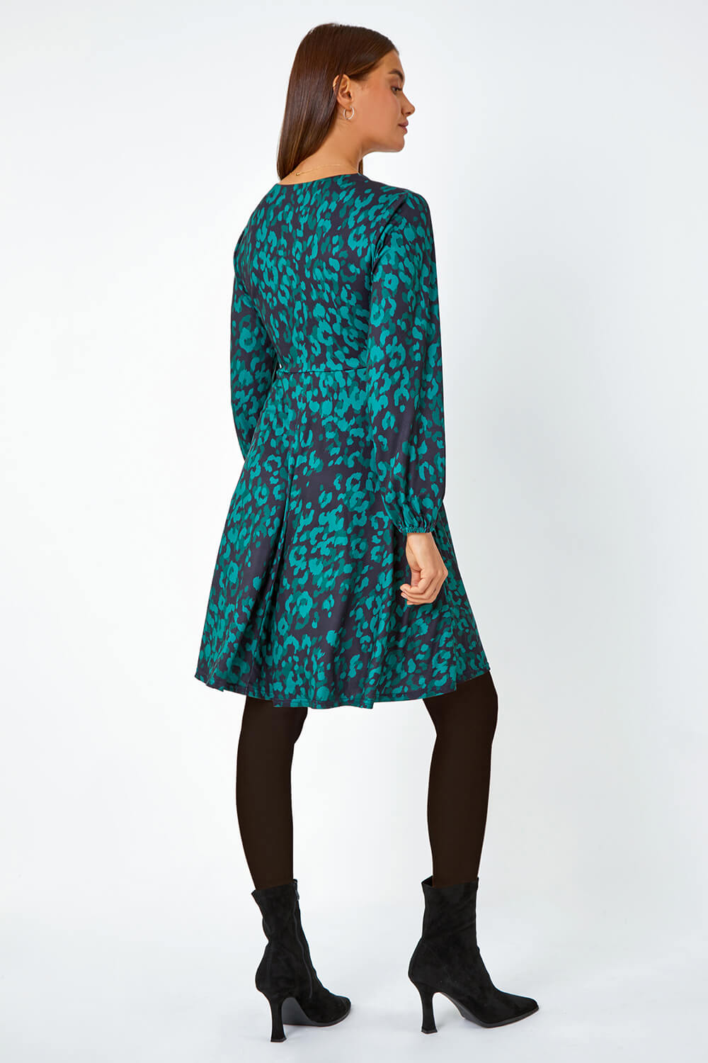 Green Leopard Print Gathered Stretch Dress, Image 4 of 5