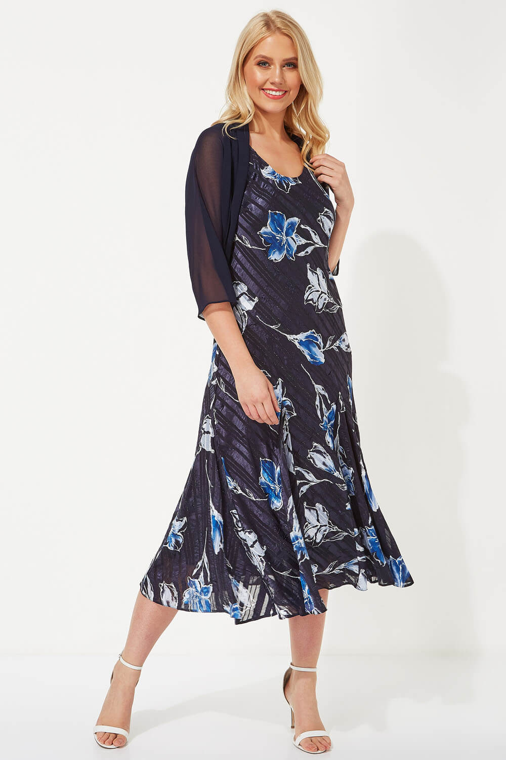 Navy  Floral Bias Cut Midi Dress, Image 3 of 4