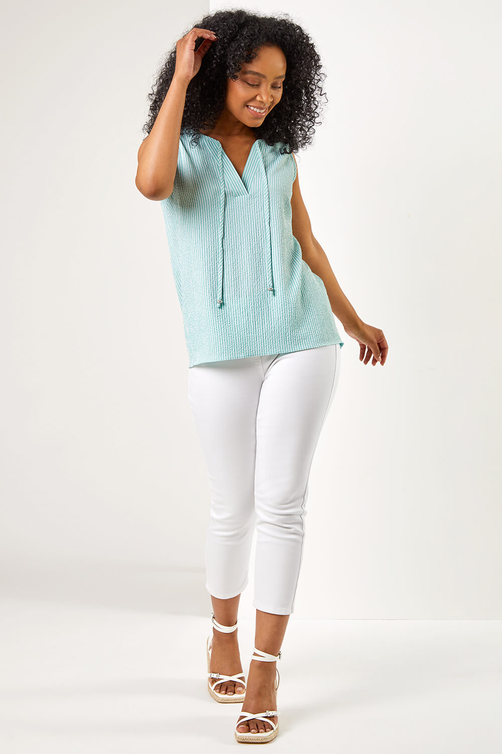 Mint Petite Striped Crinkle Tie Neck Top , Image 3 of 5