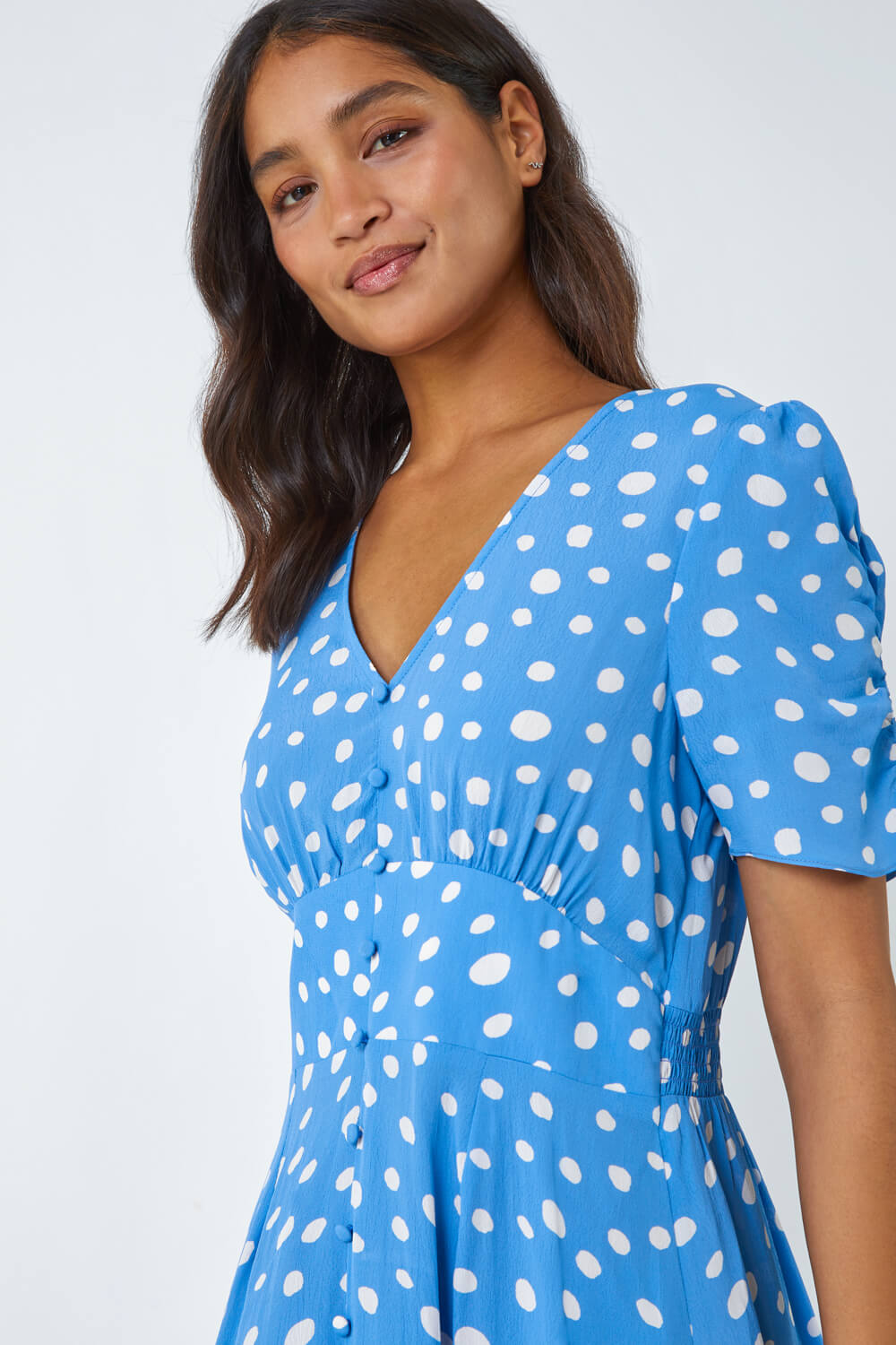 Light Blue  Polka Dot Ruched Sleeve Midi Dress, Image 4 of 5
