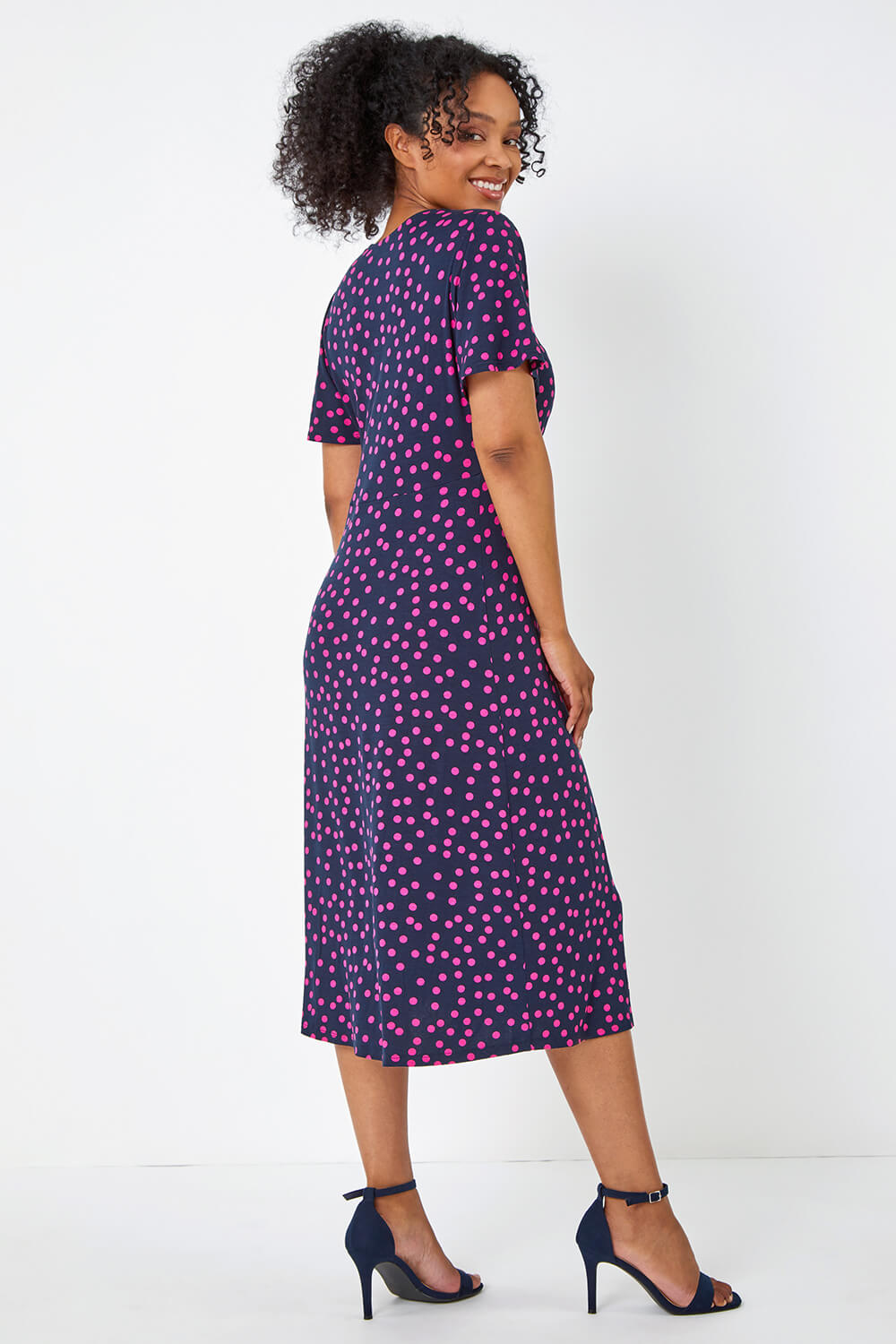 Navy  Petite Polka Dot Ruched Stretch Dress, Image 3 of 5