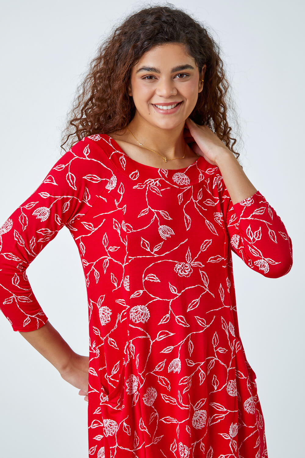 Red Floral Print Swing Stretch Top, Image 4 of 5