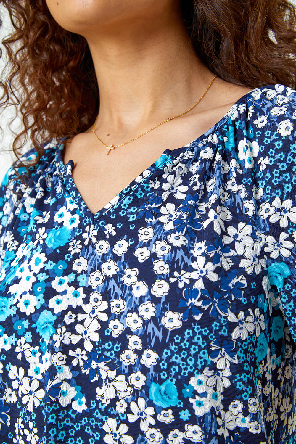 Blue Textured Floral Print Stretch T-Shirt, Image 5 of 5