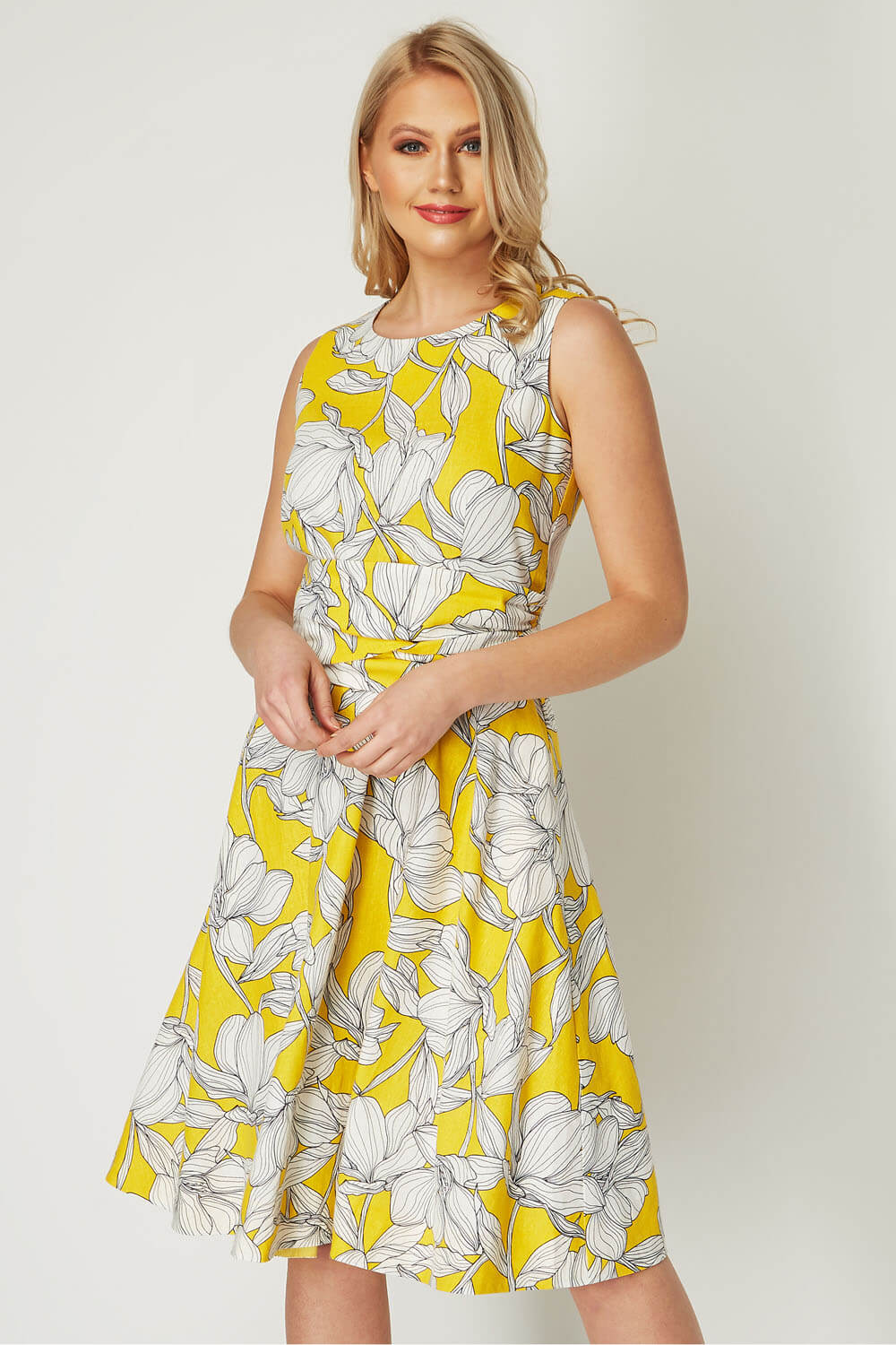 Floral Tie Waist Dress in Yellow - Roman Originals UK