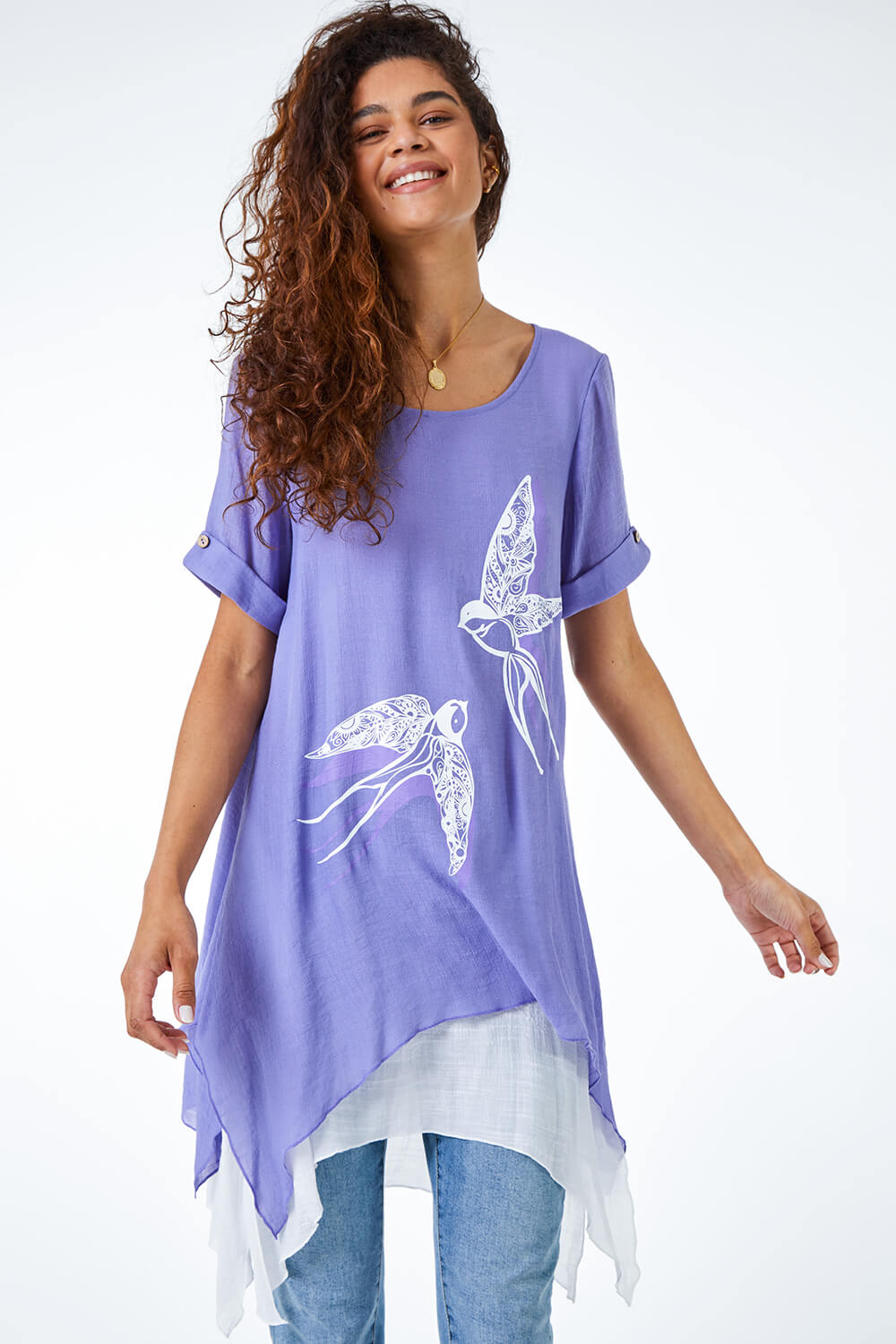 Purple Bird Print Asymmetric Tunic Top, Image 2 of 5