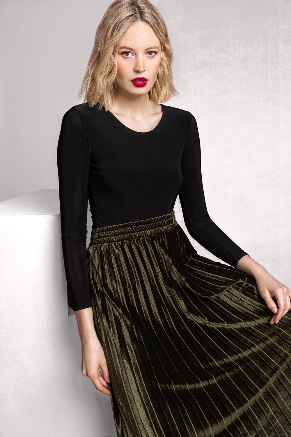 Olive Velour Pleated Midi Skirt, Image 4 of 5