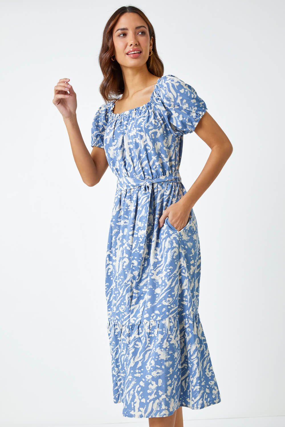 Blue Abstract Print Belted Midi Dress, Image 2 of 5