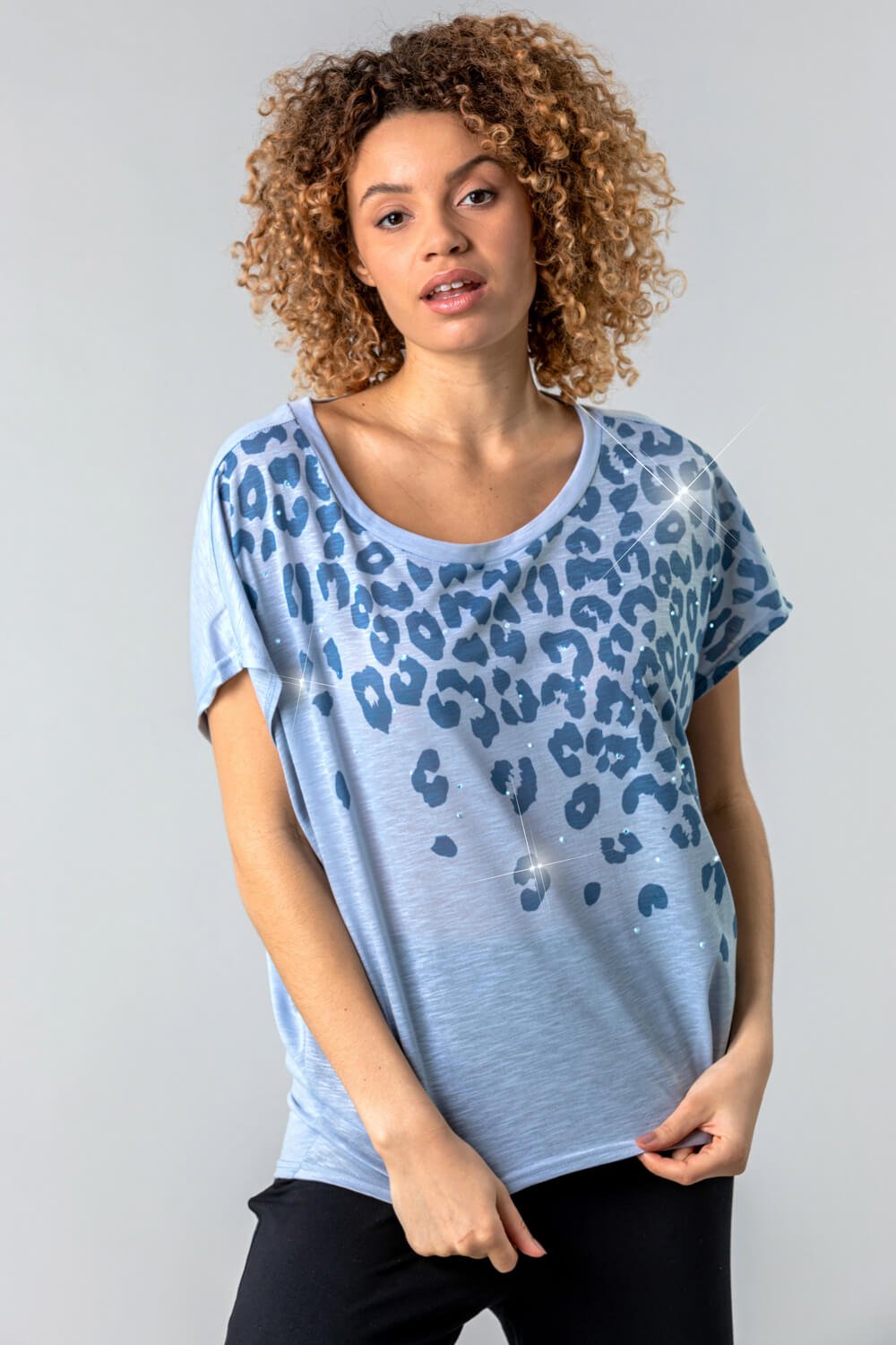 Blue Animal Print Diamante Embellished T-Shirt, Image 3 of 4
