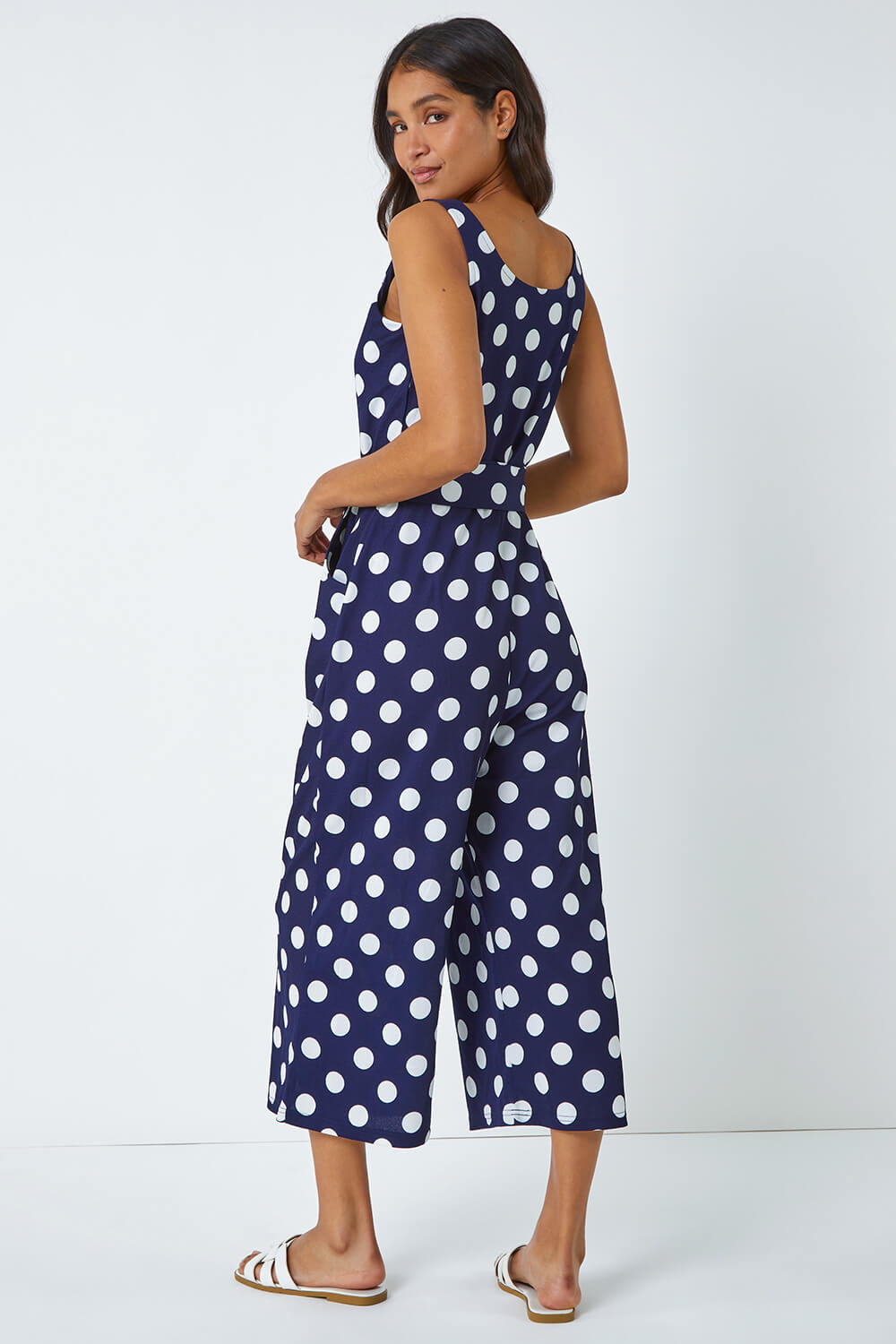 Navy  Spot Print Belted Jumpsuit, Image 3 of 5