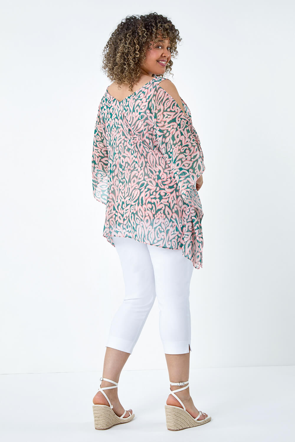 Light Pink Curve Printed Chiffon Cold Shoulder Top, Image 3 of 5