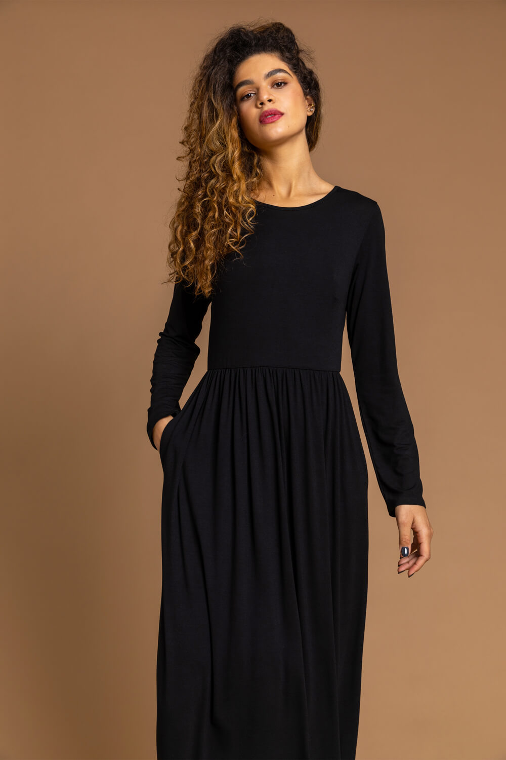 Black Long Sleeve Jersey Maxi Dress, Image 3 of 4