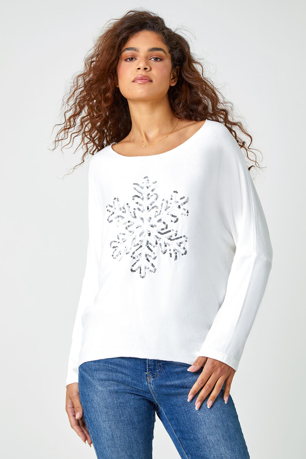 Ivory  Embellished Snowflake Stretch Top, Image 4 of 5