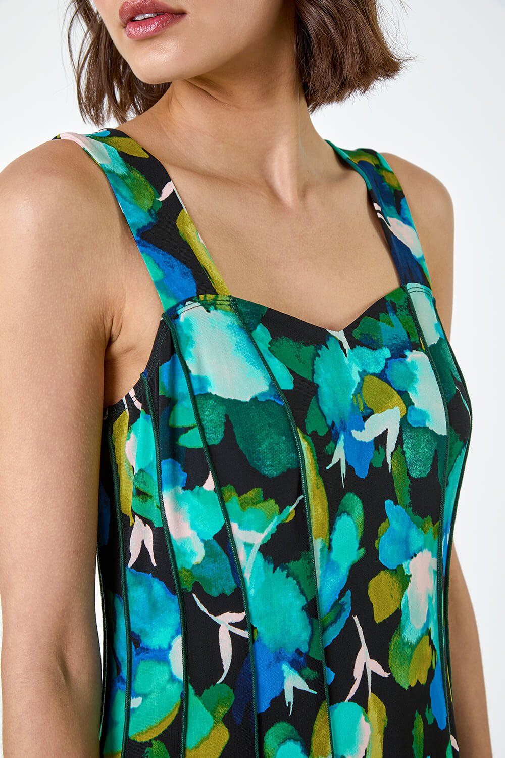 Green Abstract Floral Print Stretch Panel Dress, Image 5 of 5