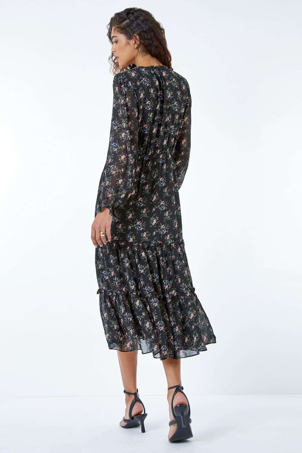Dark Green Ditsy Floral Tiered Midi Dress, Image 3 of 5