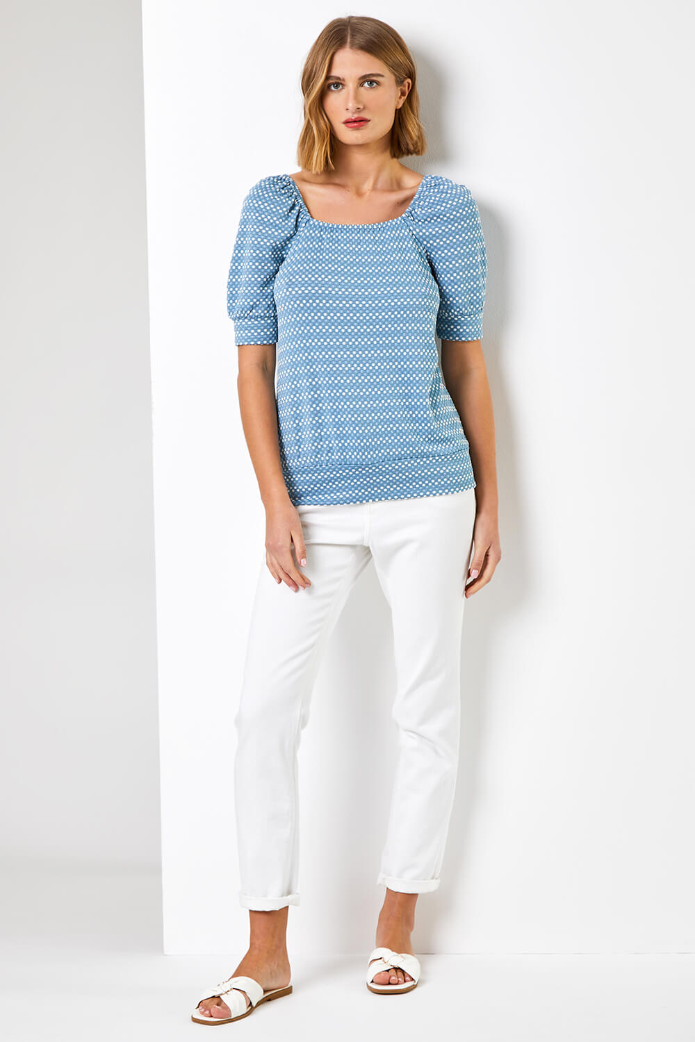 Blue Textured Spot Print Square Neck Top, Image 3 of 4