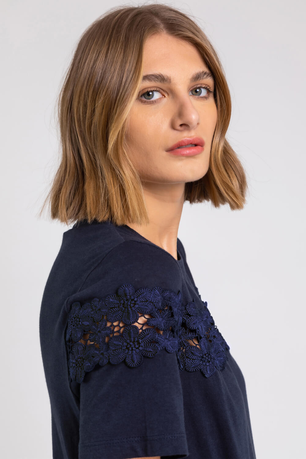 Navy  Lace Detail Jersey T-Shirt, Image 5 of 5