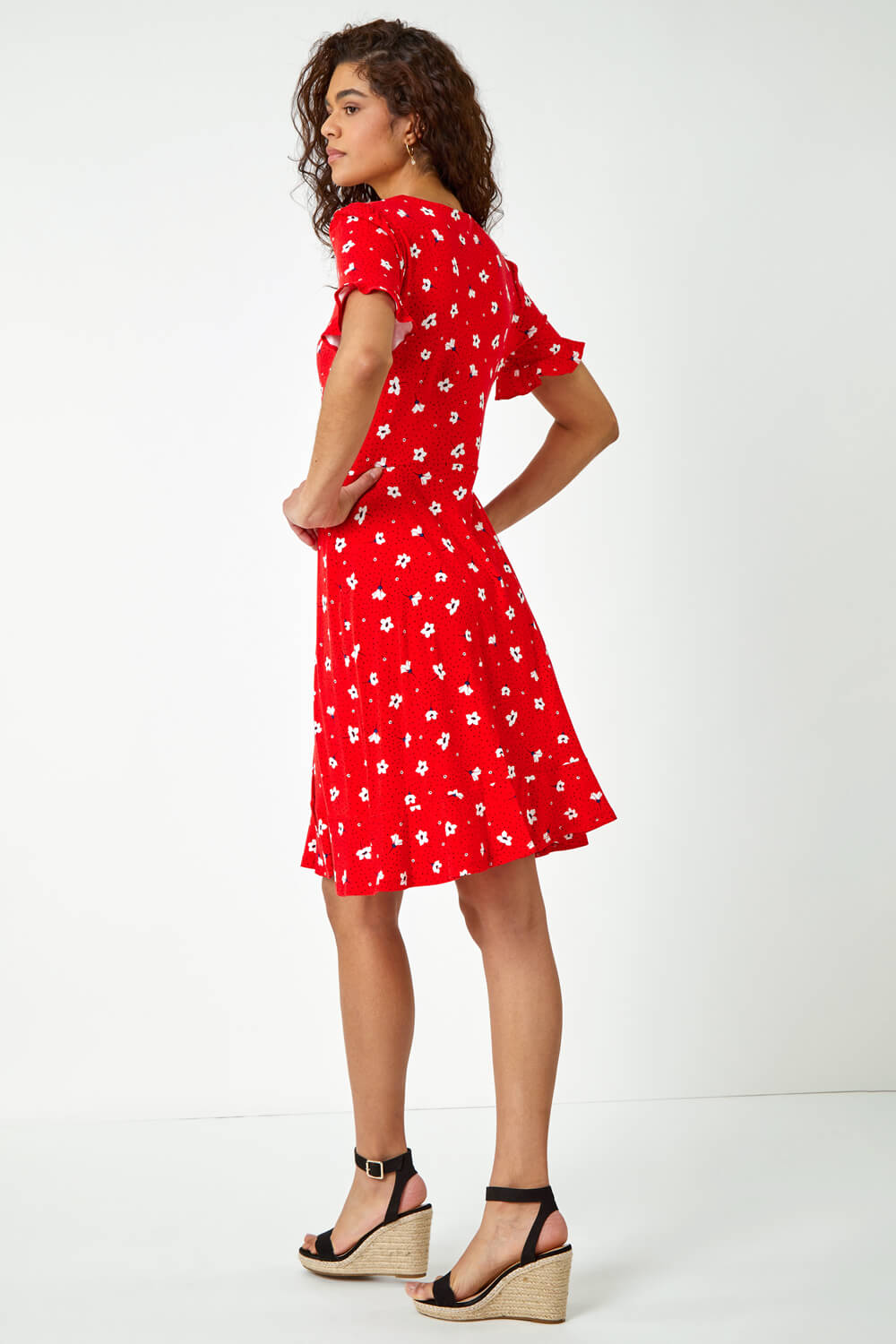 Red Floral Stretch Jersey Tea Dress, Image 3 of 6