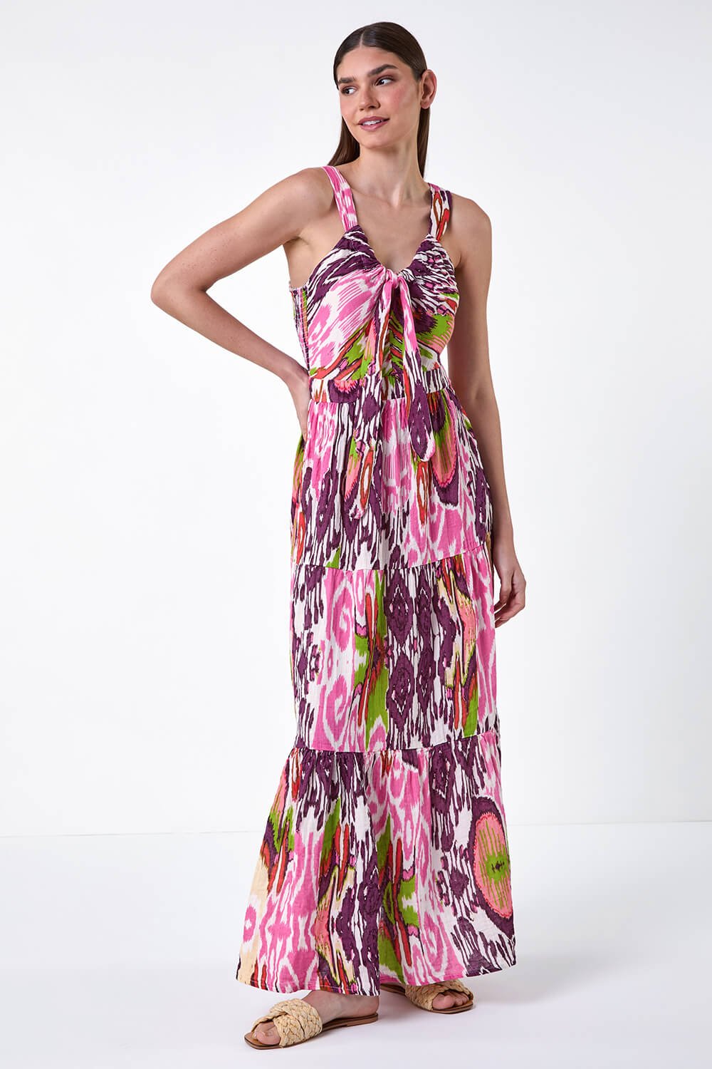 PINK Abstract Tie Front Tiered Maxi Dress, Image 2 of 5
