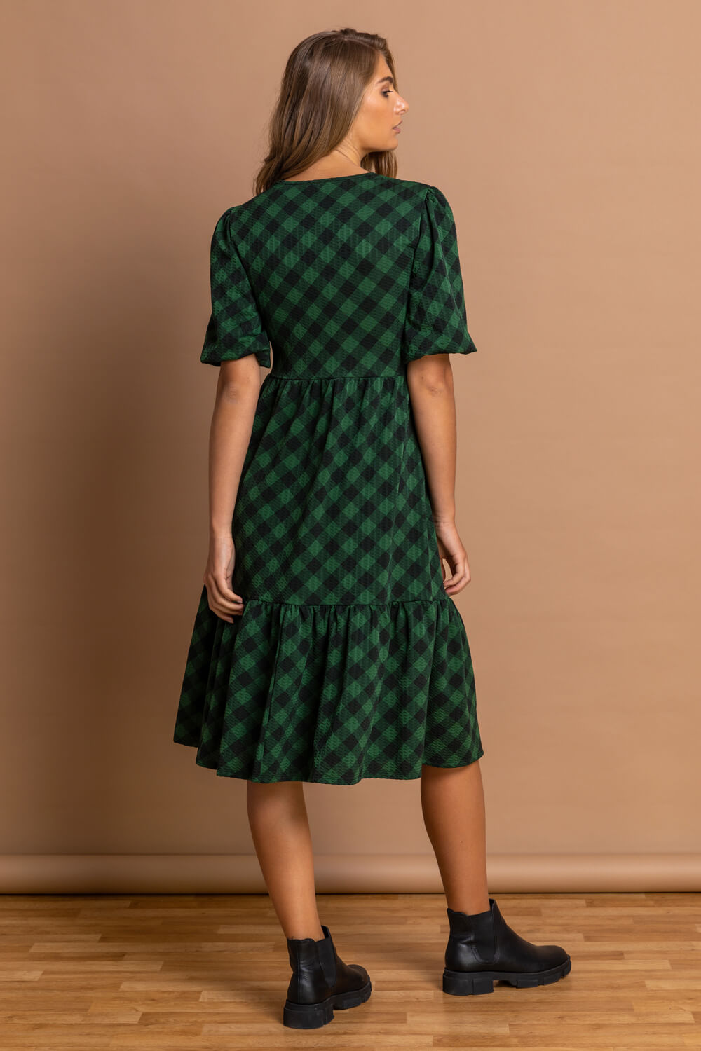 Green Tiered Check Print Midi Dress, Image 2 of 5