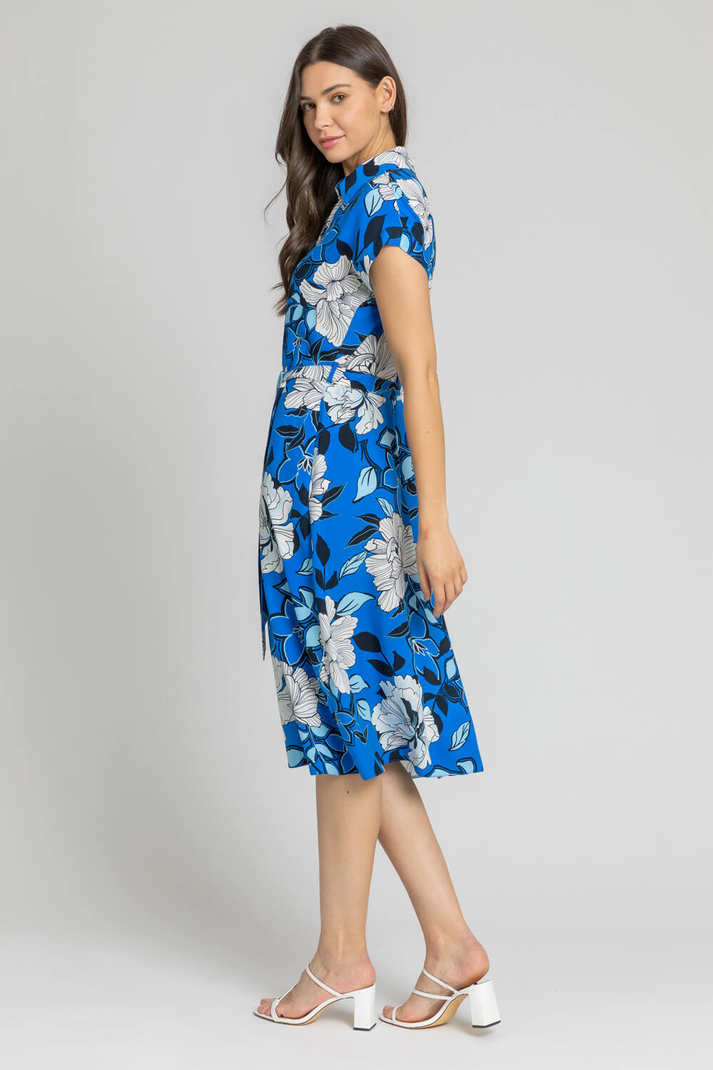 Blue Floral Print Belted Shirt Dress, Image 2 of 4