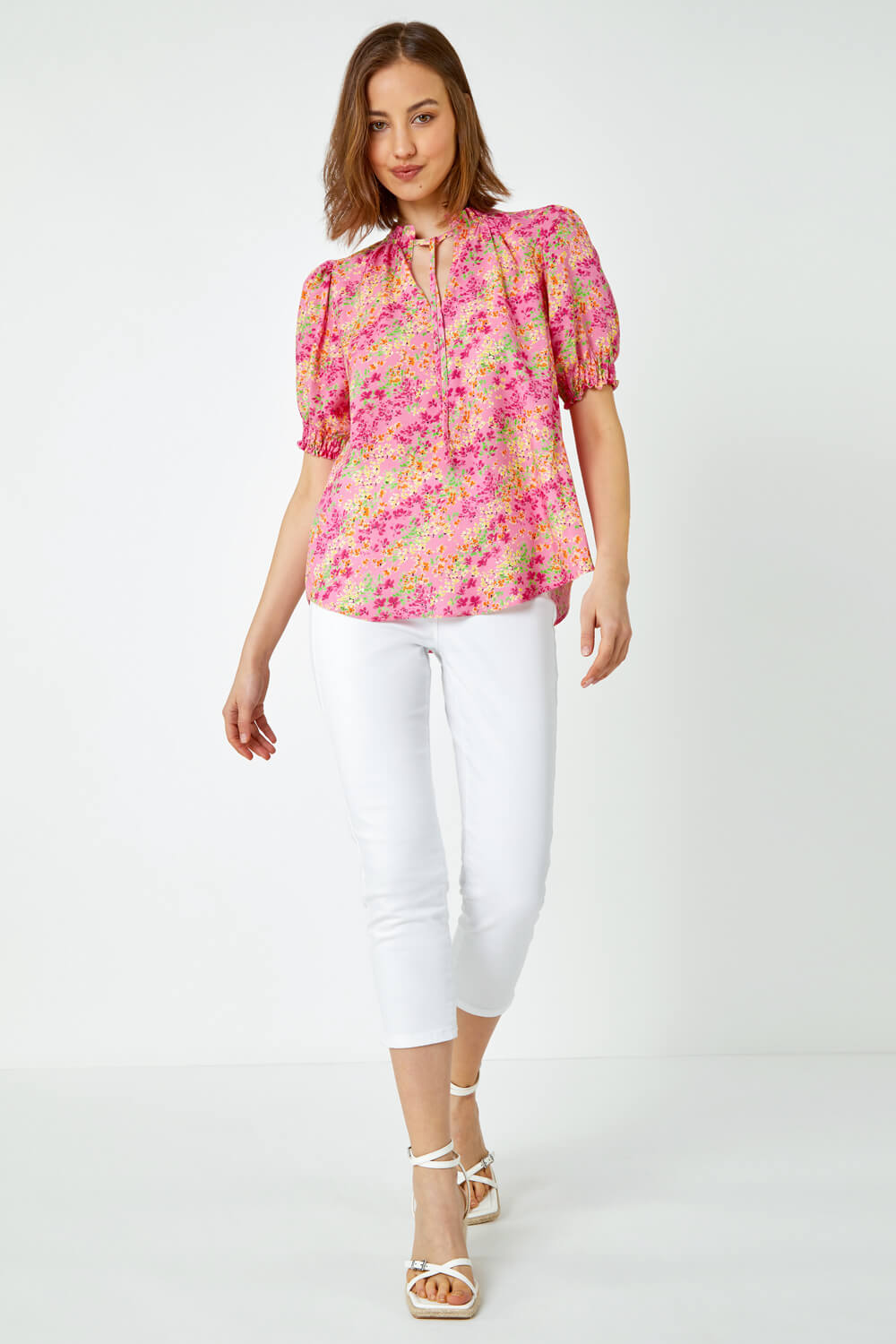 PINK Ditsy Floral Ruffle Neck Blouse, Image 2 of 5