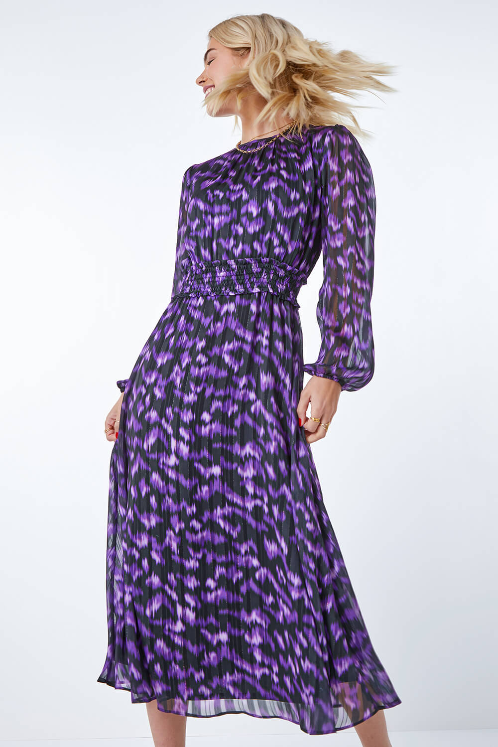 Purple Abstract Animal Shirred Midi Dress, Image 3 of 5