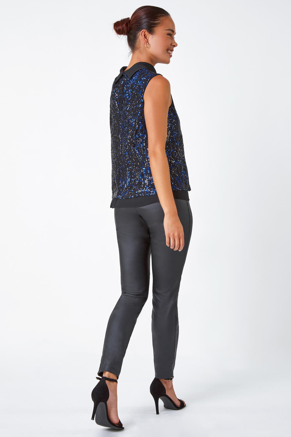 Midnight Blue Petite Sequin Roll Neck Top, Image 3 of 5