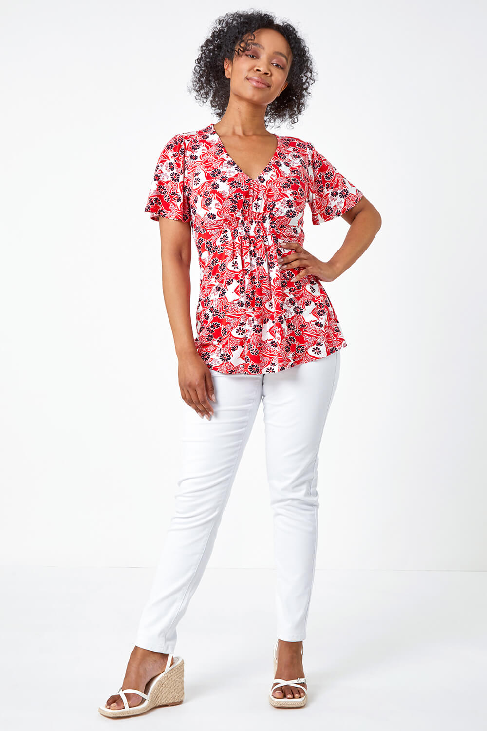 Red Petite Floral Print Stretch T-Shirt, Image 2 of 4
