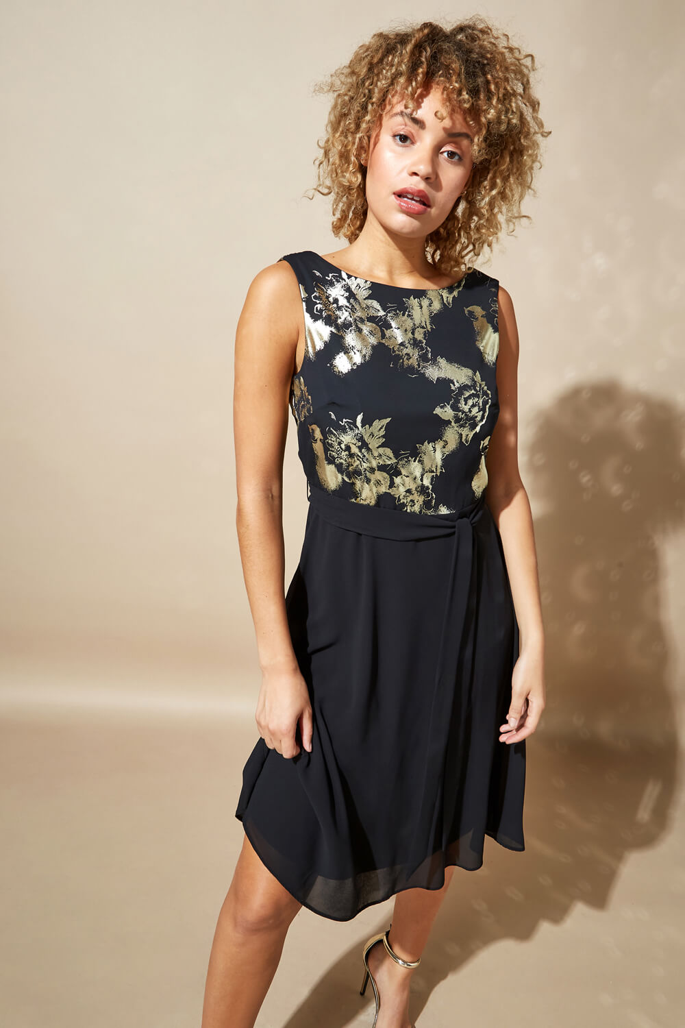 Black Contrast Floral Fit & Flare Dress, Image 4 of 5