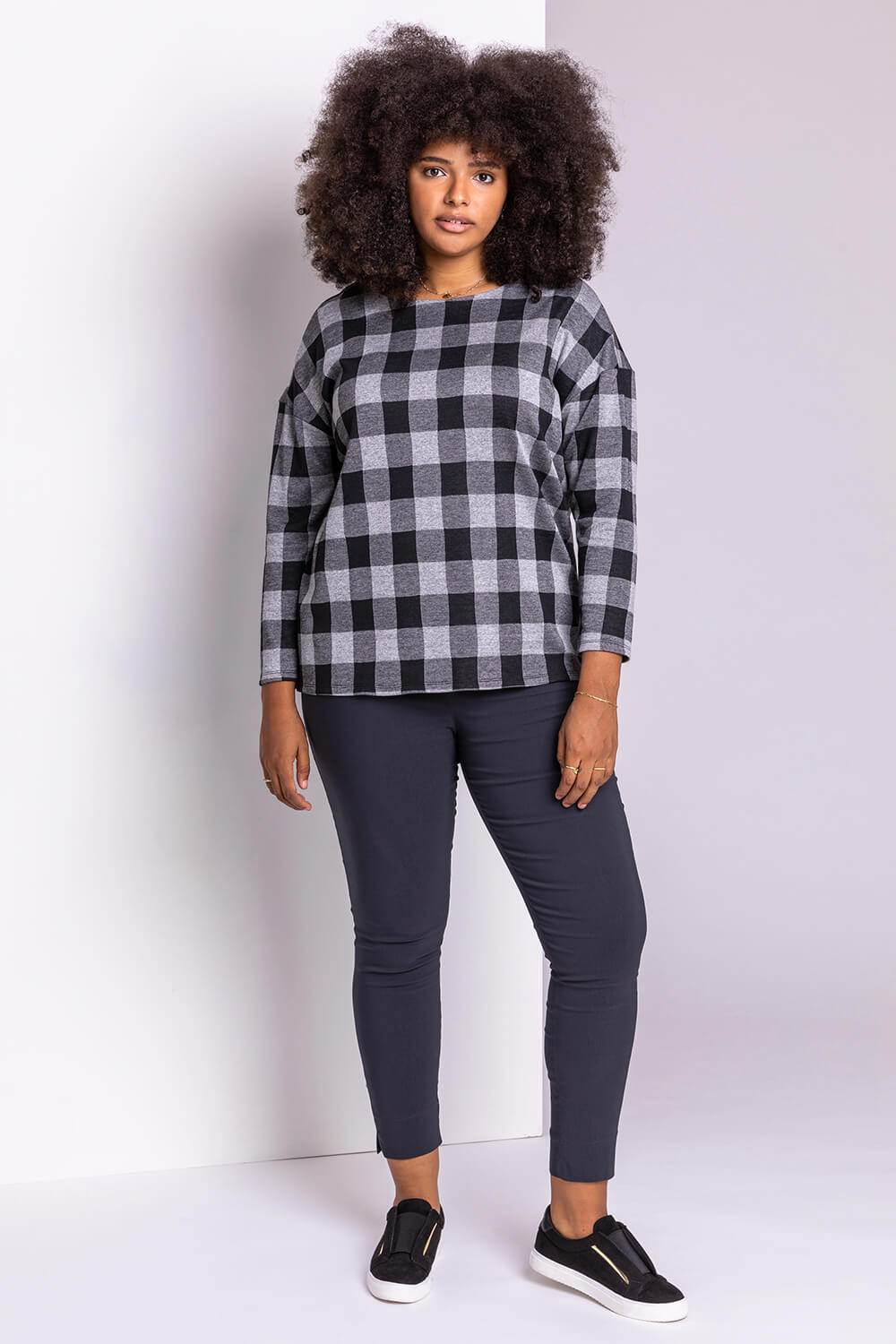 Grey Curve Check Print Long Sleeve Top, Image 3 of 5