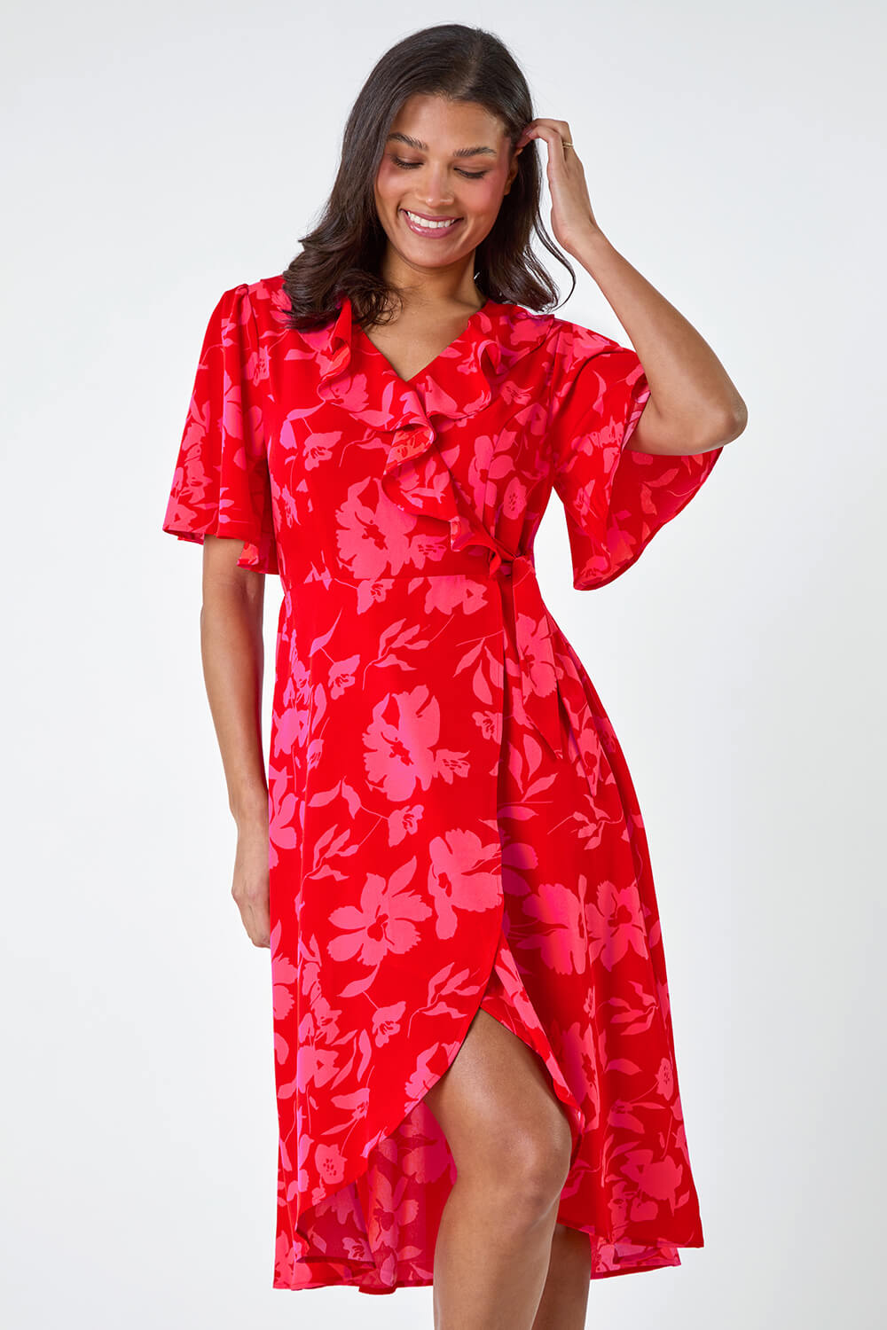 Red Floral Print Wrap Midi Dress, Image 4 of 5