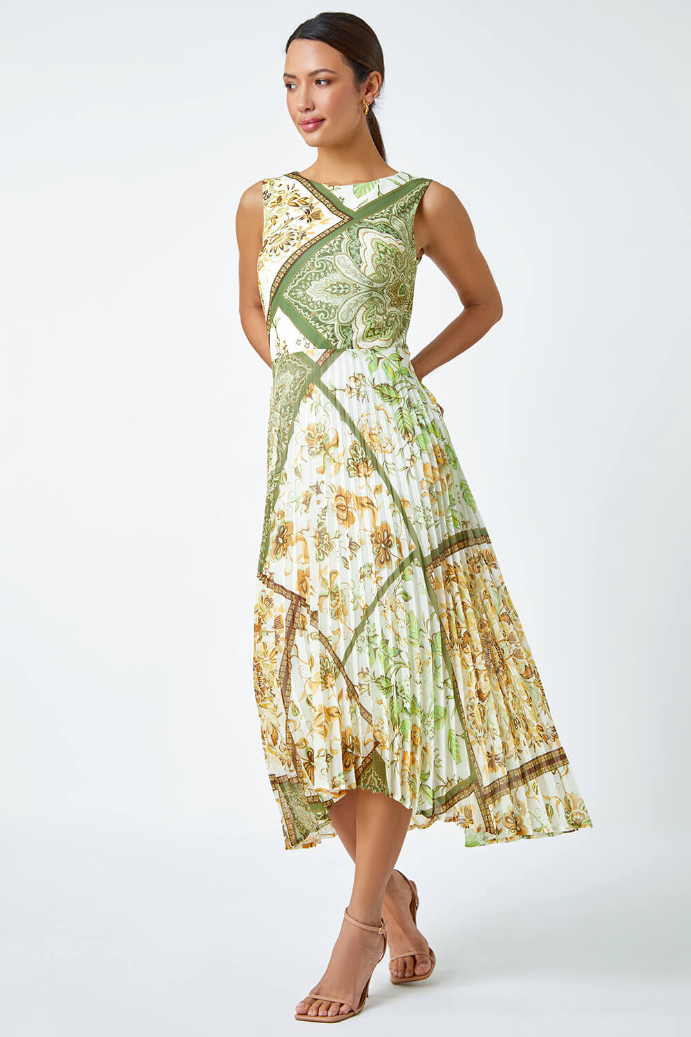 Green Paisley Scarf Print Pleated Midi Dress, Image 2 of 5