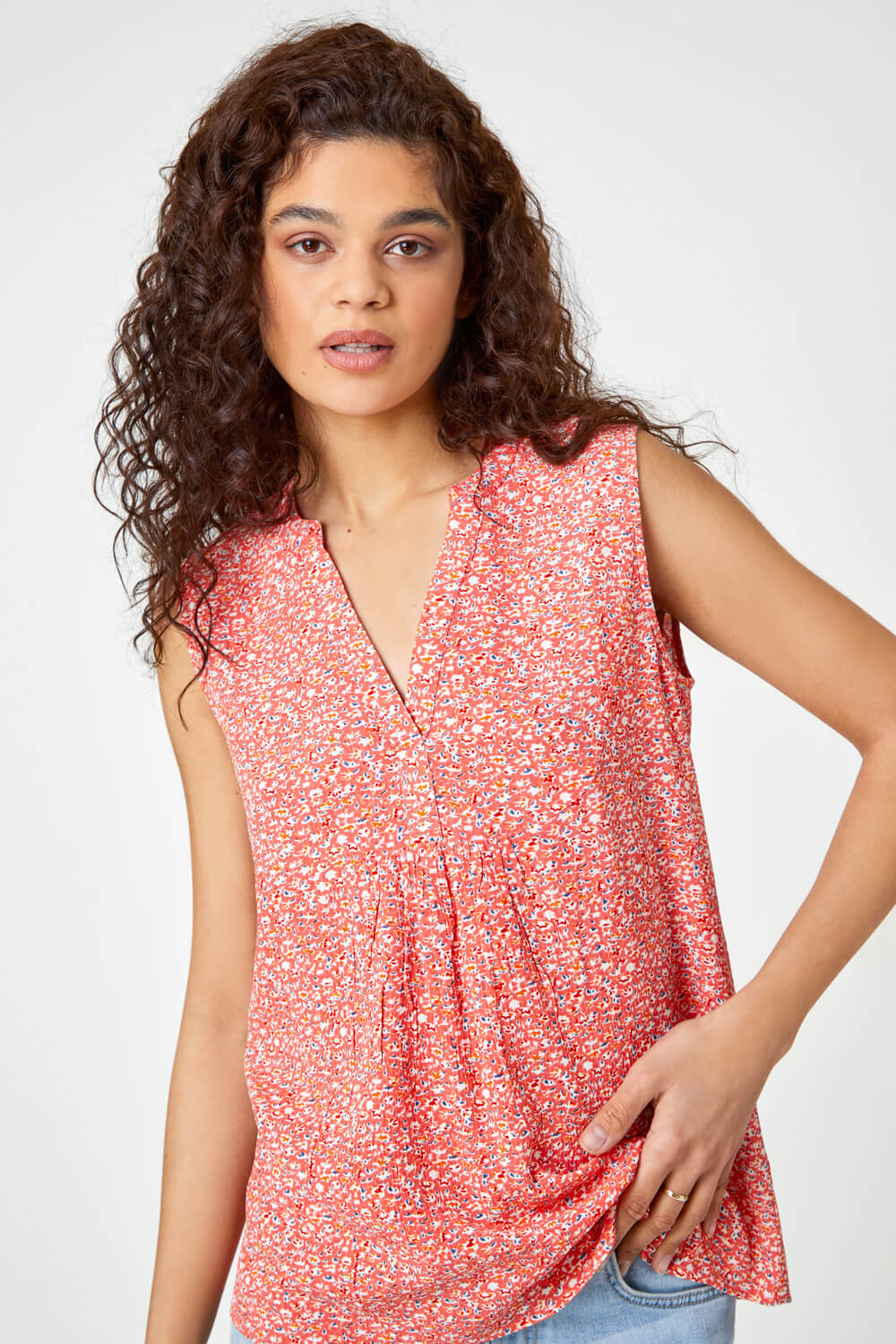 Red Sleeveless Ditsy Floral Print Top, Image 2 of 5