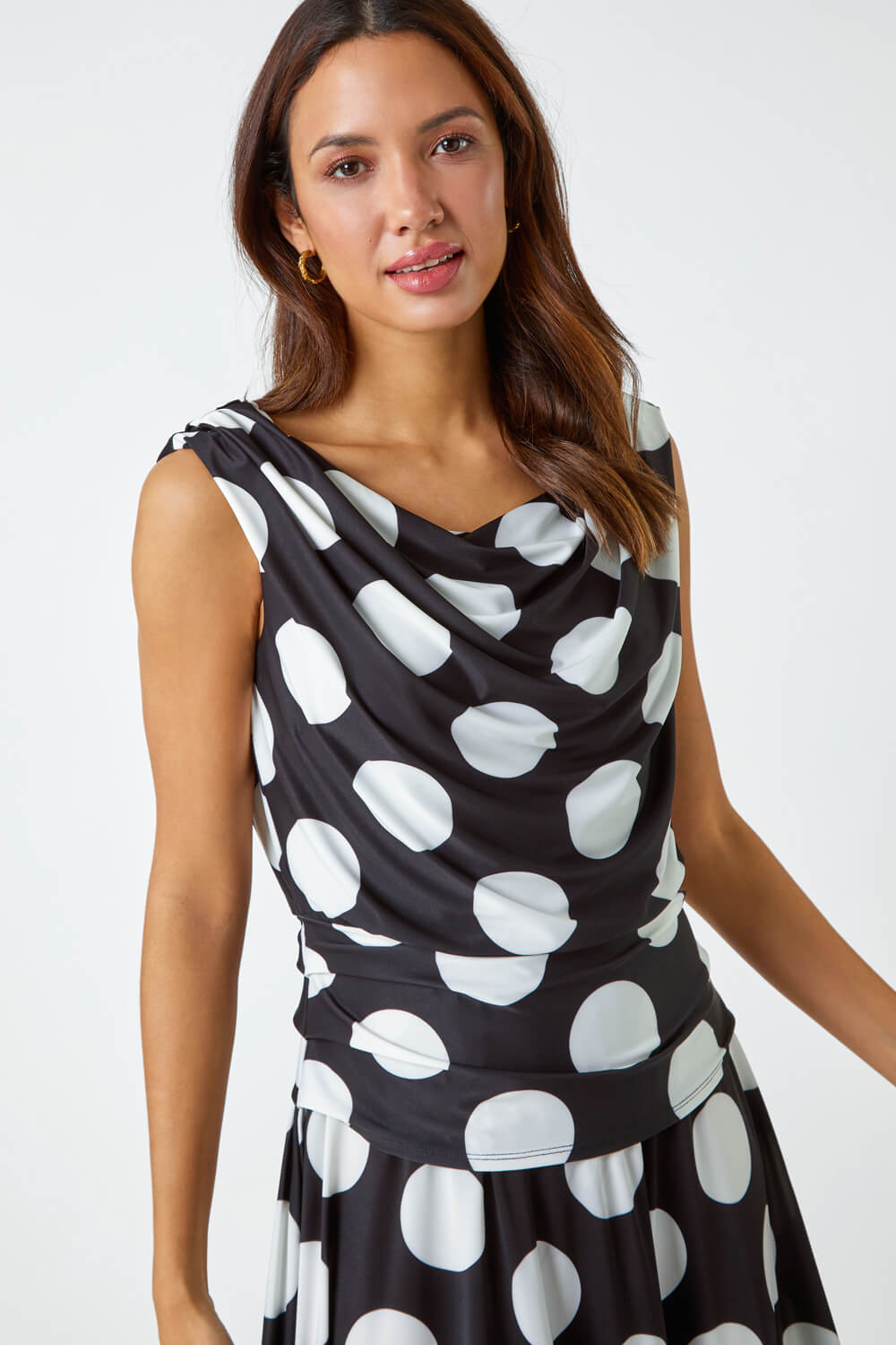 Black Spot Print Cowl Neck Ruched Midi Dress, Image 2 of 5